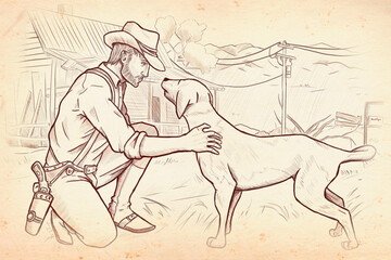 Plakat A cowboy with a hat and a revolver is stroking a dog while sitting. Behind a dilapidated house, poles with electric wires and mountains. Illustration in ink style. Sepia. Lineart. Drawn in Photoshop.