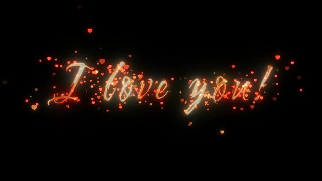 Alpha channel is included. Small hearts create a greeting lettering for Valentine's Day. Orange iridescent letters, decorative font. Glow effect. Quick Time, codec: PNG, 16-bit color, highest quality.