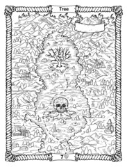 Obraz premium Tree card from the oracle Old Marine Lenormand deck with the unknown island. Nautical vintage background, coloring book page, t-shirt and tattoo vector graphic, pirate adventures concept.