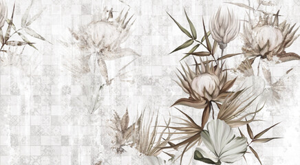 flowers and leaves in pastel style on a textured square wall, photo wallpaper for the interior