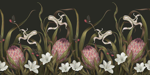 Dark exotic pattern. Wallpaper with protea and white flowers lilies and tulips. Floral dark border. Hand drawn realistic drawing. Panoramic horizontal illustration. Garden vintage background