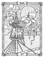 Stork card from the oracle Old Marine Lenormand deck with the bird sitting in nest. Nautical vintage background, coloring book page, t-shirt and tattoo vector graphic, pirate adventures concept.