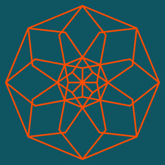 Geometric line art design of connected polygon shapes inside an octagon in bright orange outline color on a dark teal blue background, vector illustration