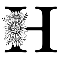 Monogram letter H. Floral letter design with flowers sunflowers, branches, leaves. Black silhouette, doodle style. Vector illustration isolated on white background. Name tag, family logo, sign