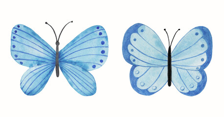 Watercolor illustrations of blue butterflies. The set is drawn manually. For decoration and design.