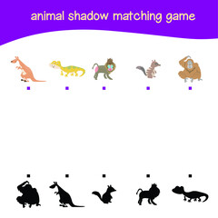 Matching shadow game for Preschool Children. Educational printable worksheet. Vector illustration in cartoon style. Matching the images with the shadow for motoric movements.