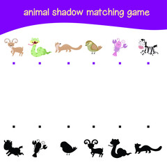 Matching shadow game for Preschool Children. Educational printable worksheet. Vector illustration in cartoon style. Matching the images with the shadow for motoric movements.