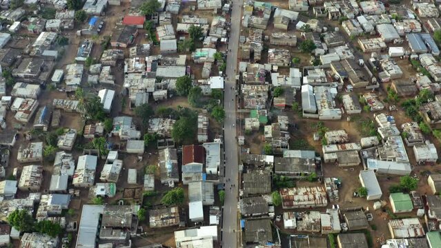Aerial view Lusaka Zambia. Poor areas are rubbed with tin huts, cheekbones and roads in Africa.
