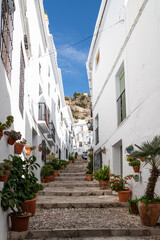 Fototapeta na wymiar Streets of Frigiliana village. Beautiful white houses and small streets. Typically Andalusian town. Touristic travel destination on Costa del Sol. Vertical photography. 