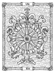 Lily card from the oracle Old Marine Lenormand deck with baroque decorated compass. Nautical vintage background, coloring book page, t-shirt and tattoo vector graphic, pirate adventures concept.