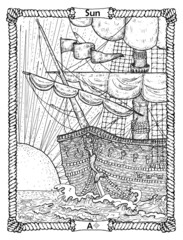 Sun card from the oracle Old Marine Lenormand deck with ship and dawn.  Nautical vintage background, coloring book page, t-shirt and tattoo vector graphic, pirate adventures concept.