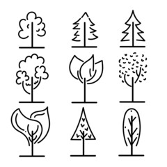 Isolated black and white color trees in lineart style set, forest, park and garden tree flat signs collection. tree flat licon.