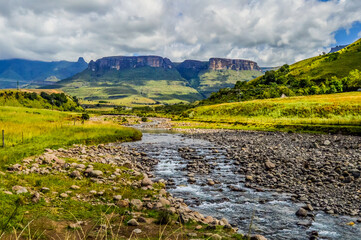Royal amphitheatre of Drakensberg on a cloudy overcast day