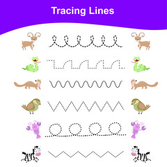 Tracing Lines Game Animals Edition. Educational worksheet. Worksheet activity for preschool kids. Preschool Education. Vector illustration. 