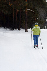 Fototapeta na wymiar Image of a woman skiing on a blurred background of a snowy forest. Winter sport. Vertical image.