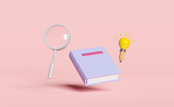 yellow light bulb with pencil textbook, book  magnifying glass icon isolated on pink background. idea tip education, knowledge creates ideas concept, 3d illustration, 3d render
