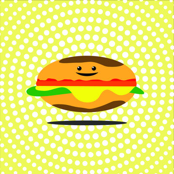 Cartoon image of happy sandwich with halftone style on background