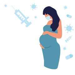 Pregnant woman at the doctor, an injection Covid-19 vaccine to momduring pregnancy, vaccinations, pregnancy health. Medical health care for pregnancy concept. Flat cartoon illustration 