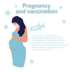 Pregnant woman at the doctor, an injection Covid-19 vaccine to momduring pregnancy, vaccinations, pregnancy health. Medical health care for pregnancy concept. Flat cartoon illustration 