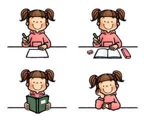 机と女の子（絵を描く、勉強する、本を読む、頬杖をつく）