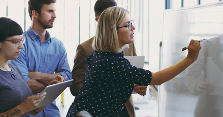 Writing it down for them. Cropped shot of an attractive young businesswoman using a whiteboard while giving an explanation to her colleagues.