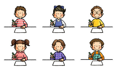 何かを書く子供達（テスト、アンケート、絵）