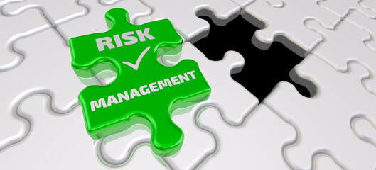 Risk management. Final piece of the puzzle. Folded white puzzles elements and one final green piece of the puzzle with text RISK MANAGEMENT and check mark. 3D illustration