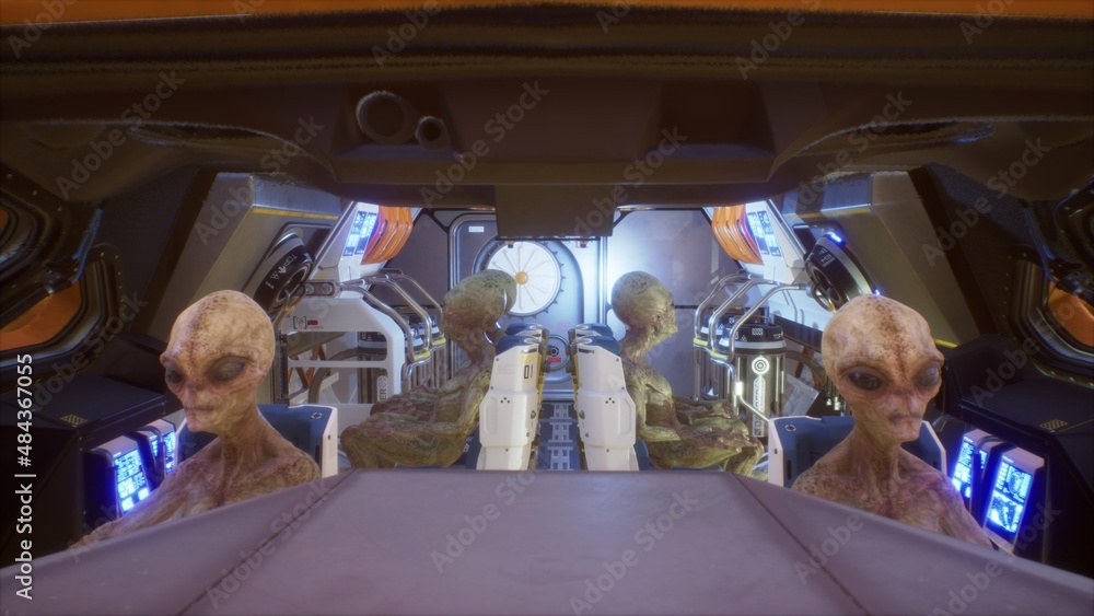 Poster aliens fly through a wormhole in an uncharted part of the universe in their sci-fi spaceship. the co