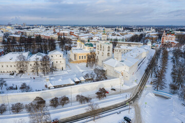 The Kremlin - the historical center of the ancient Russian city of Yaroslavl in winter. Aerial view.