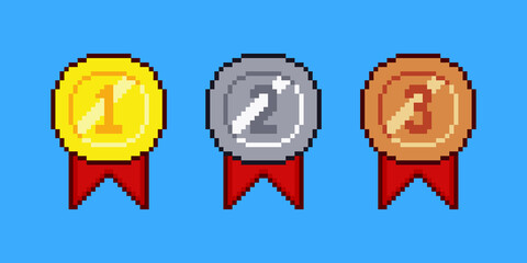 Set of medals in pixel art design
