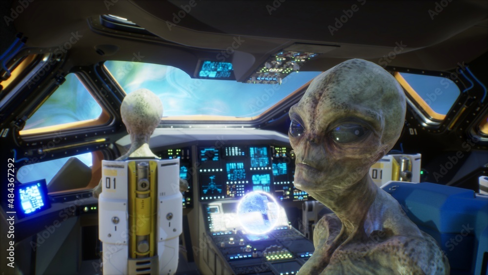 Poster aliens fly through a wormhole in an uncharted part of the universe in their sci-fi spaceship. the co