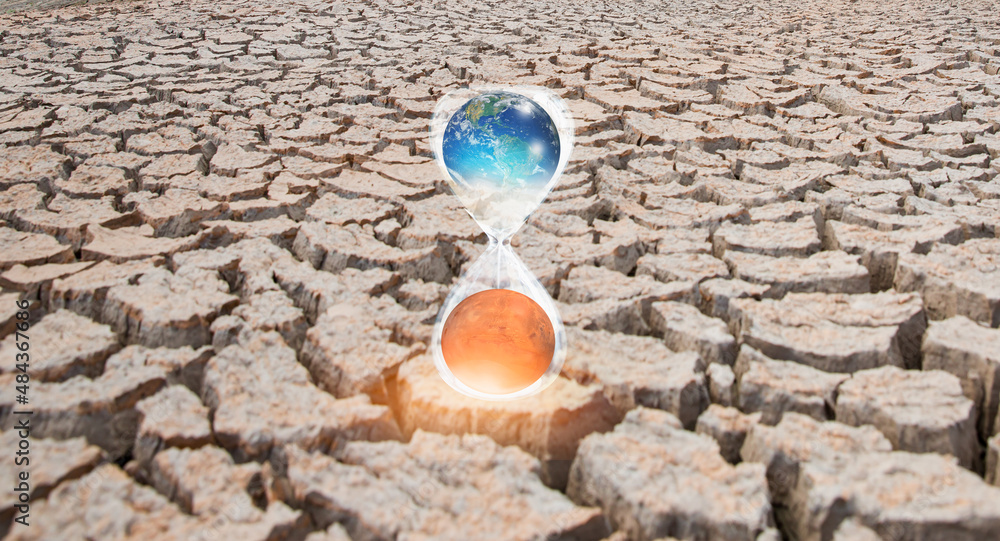 Aufkleber global warming concept-planet earth is becoming a dead planet like mars - hourglass inside planet ea