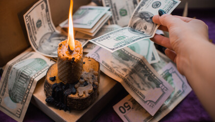Ritual and spell for attracting money, pagan magic and fate prediction, work of witch, occultism...