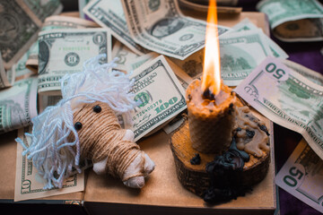 Ritual and spell for attracting money, pagan magic and fate prediction, work of witch, occultism...