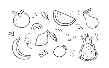 Set with hand drawn abstract fruits, elements and doodles. Vector linear illustration.