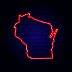Neon map State of Wisconsin on brick wall background.