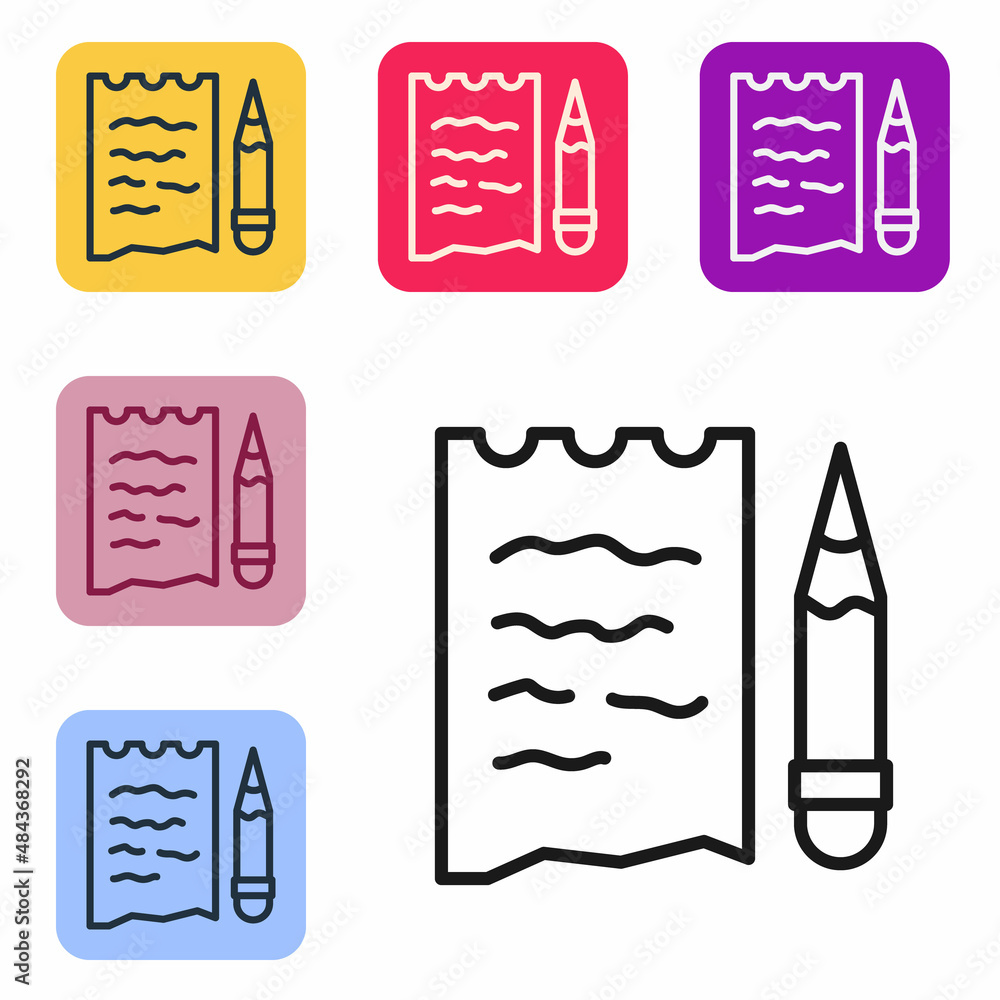 Poster black line shopping list and pencil icon isolated on white background. set icons in color square but