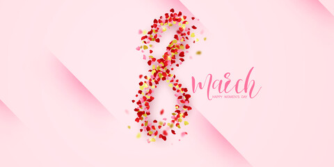 number 8 on a bright pink background Heart vector greeting card for March 8th. Banner for International Women's Day.