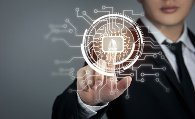 Businessman's hand touches start button. Business and technology start concept, startup or...