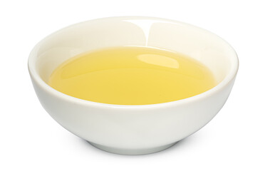 Small bowl with olive oil isolated on white background