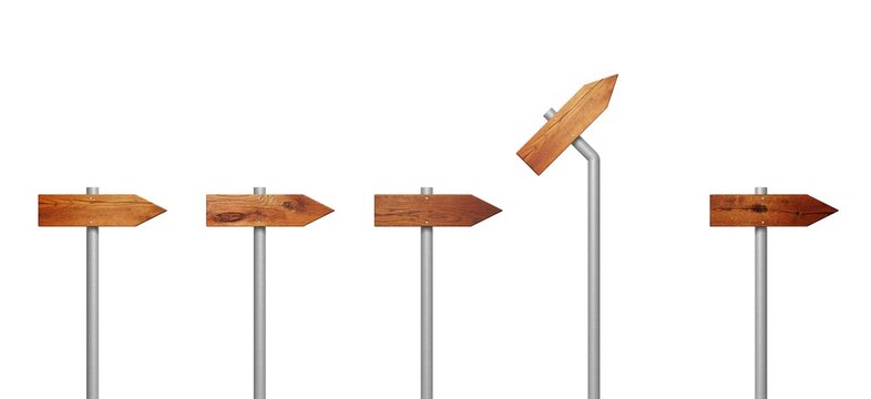 eine Reihe von Holzpfeilen, eines zeigt stolz nach oben