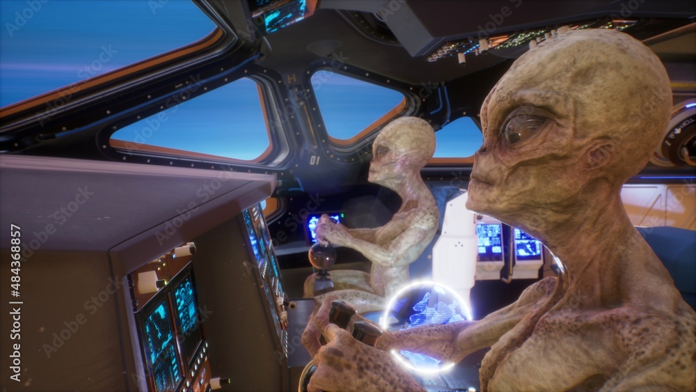 Poster aliens fly through a wormhole in an uncharted part of the universe in their sci-fi spaceship. the co