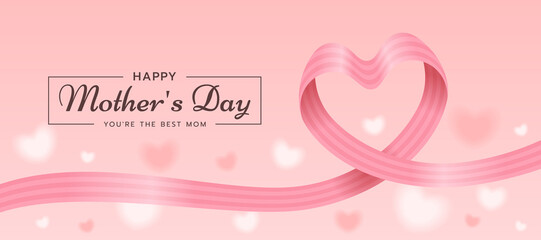 happy mother's day, you are the best mom text and soft pink ribbon roll wave make heart shape on hearts blur texture background vector design