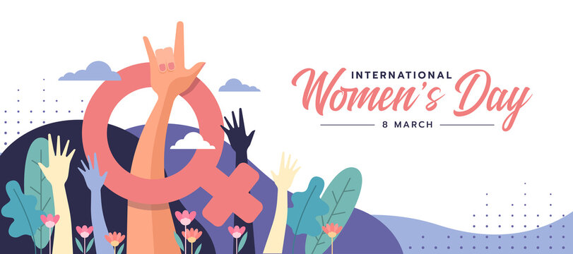 international women's day - Fist hand woman with Love You Hand Sign and female symbol around on abstract curve purple texture background vector design