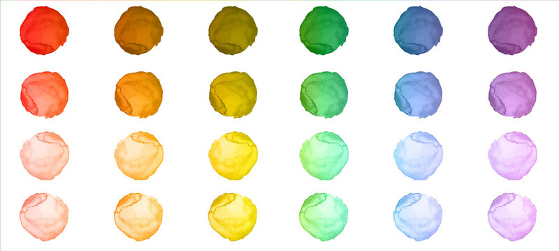 Set of colorful rainbow colors watercolor aquarelle circles splash points hand drawing illustration, isolated on white background