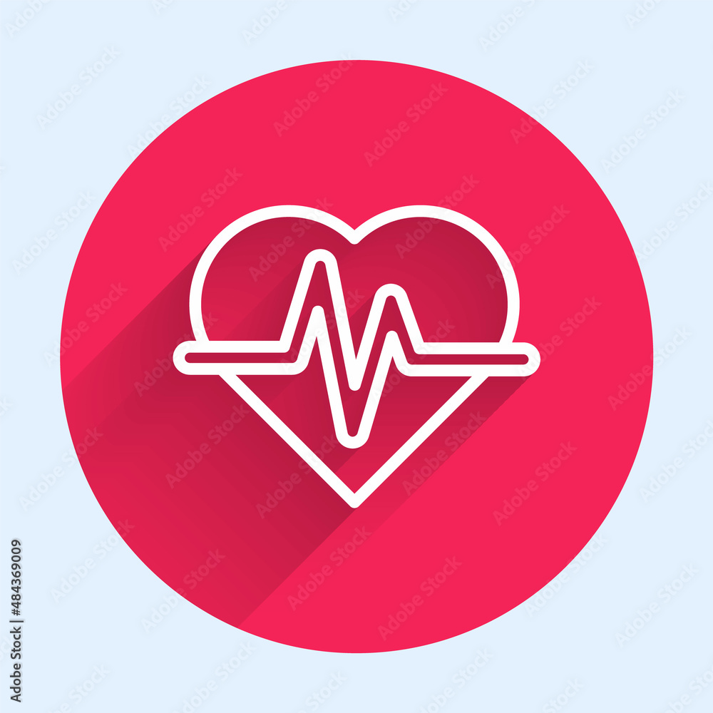 Poster white line heart rate icon isolated with long shadow. heartbeat sign. heart pulse icon. cardiogram i