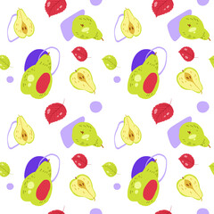 Green pear and abstract figure on white background seamless pattern
