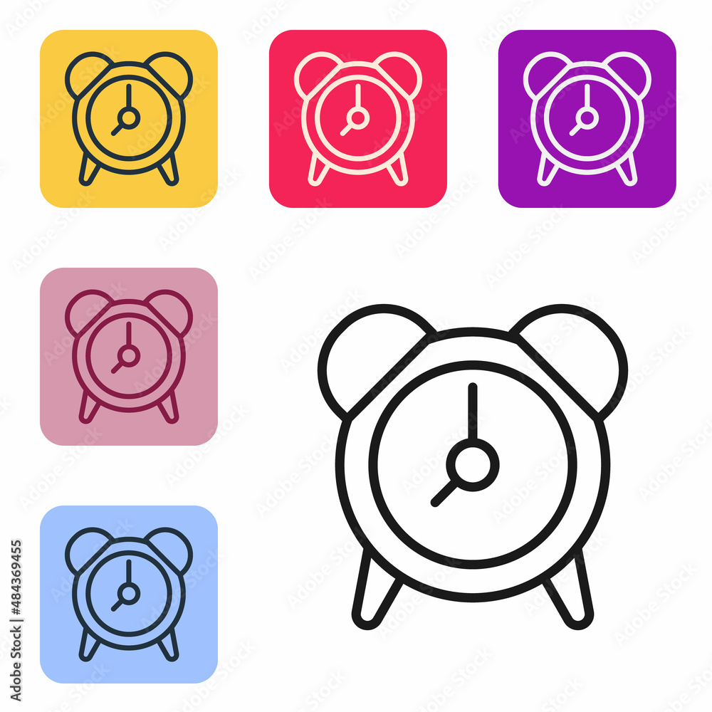Poster black line alarm clock icon isolated on white background. wake up, get up concept. time sign. set ic