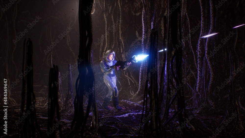 Canvas Prints an astronaut with a blaster sneaks through an eerie alien dungeon on an alien planet inhabited by un