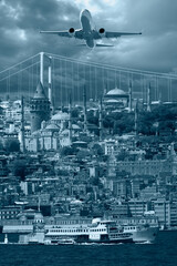 Famous places of Istanbul with airplane in the background - Maiden tower, Galata tower, Blue mosque...